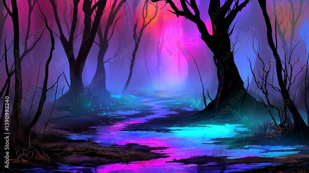 Fototapeta premium Mystical Forest Path at Night Purple and Blue Glowing Stream, Pixel Art