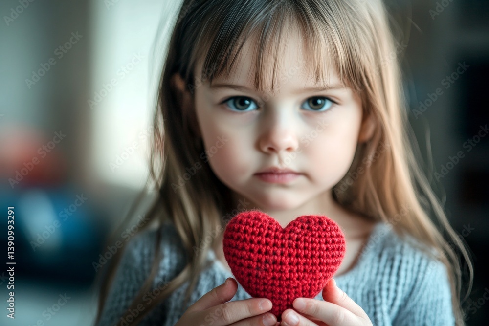 Valentine's day greeting and funny gift. Serious face cute child girl with small knitted heart in hands. Sweet emotions. Beautiful love. Happy red heart kid. February 14 surprise. Love fest. Valentine's day greeting and funny gift. Serious face cute child girl with small knitted heart in hands. Sweet emotions. Beautiful love. Happy red heart kid. February 14 surprise. Love fest.