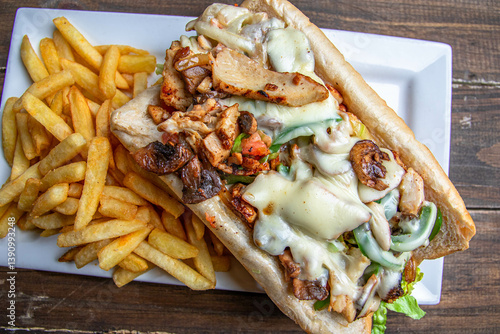 grilled chicken sub sandwich with side of French fries and topped with tasty melted cheese and grilled pepper.