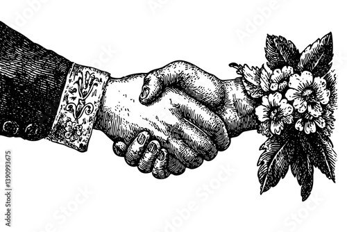 Victorian style handshake in black and white engraving