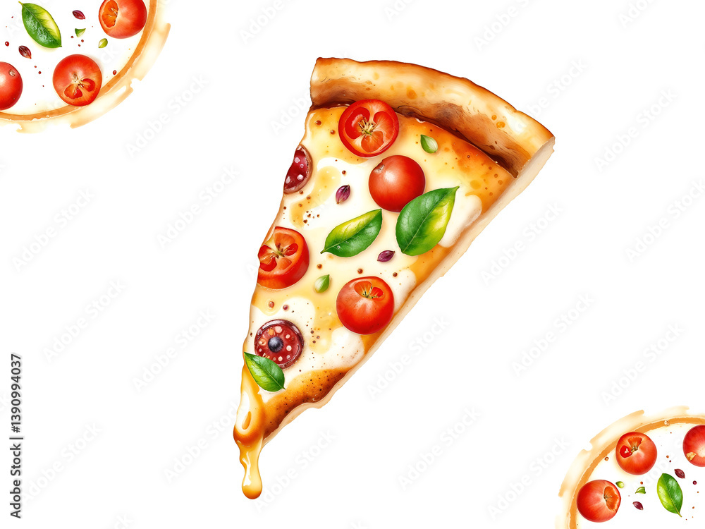 Pizza slice with tomato, basil, and cheese toppings, isolated on white background. Generative AI Pizza slice with tomato, basil, and cheese toppings, isolated on white background. Generative AI