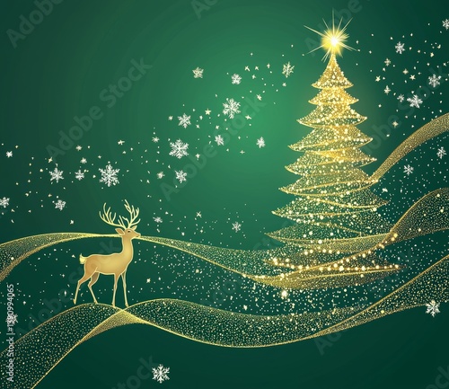 Golden Reindeer and Sparkling Christmas Tree on Green Background