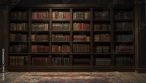 Dark, antique wooden bookcase filled with numerous aged books