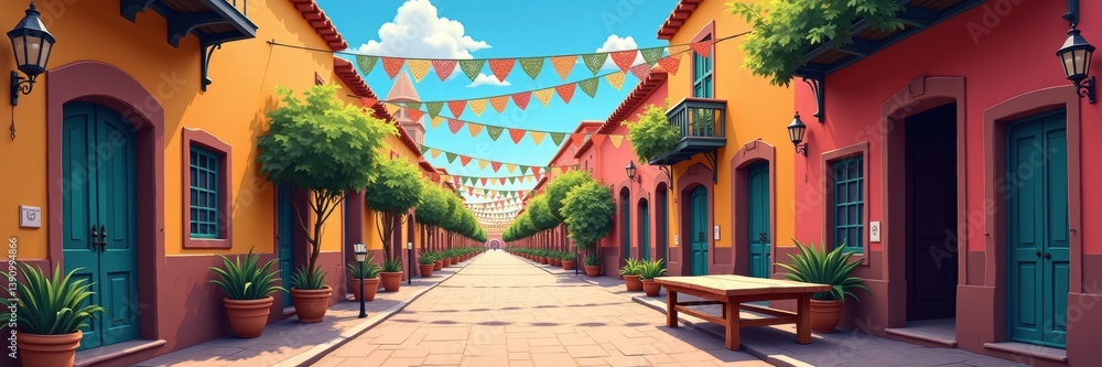 Obraz premium A vibrant, colorful street adorned with festive bunting and lush greenery, perfect for travel promotions, cultural events, or outdoor dining experiences.
