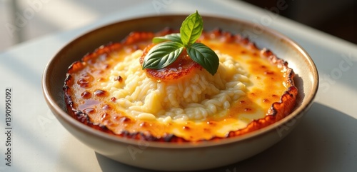 Mouthwatering baked risotto served in a rustic bowl, garnished with fresh basil leaves. Perfect for food blogs, restaurants, or culinary advertisements.