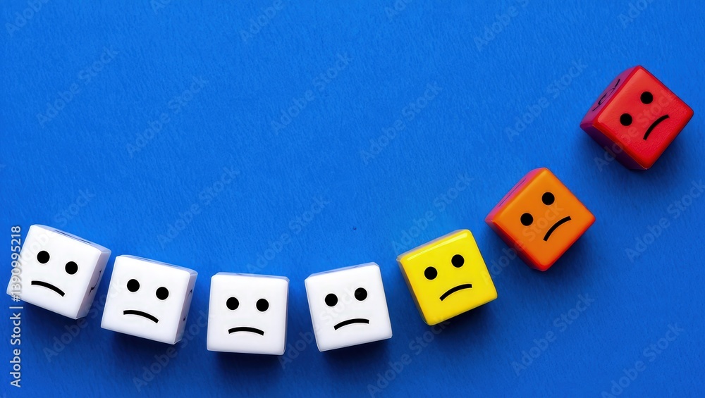 Obraz premium Blocks with faces crumbles, the unfortunate ones leave the line. Falling popularity, decreasing viewers or customers. Participants and employees leaving. Bad mood, difficulties and toxic environment.