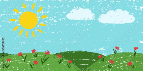 Grass and sky background. Crayon kid landscape with spring field. Vector green grass, flower, blue sky, cloud child wax pastel painting. Spring nature meadow landscape crayon illustration background