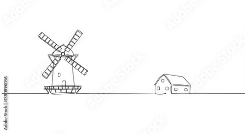 Minimalist countryside vista: Single continuous line drawing of windmill and farmhouse
