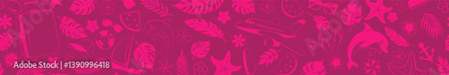 Horizontal seamless banner with a variety of elements such as palm leaves, flowers, a flying airplane, cheerful dolphin, bright sun, and other tropical symbols, in shades of pink.