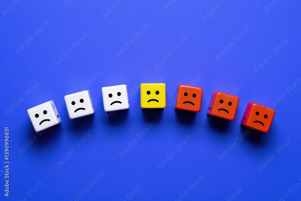 Obraz premium Blocks with faces crumbles, the unfortunate ones leave the line. Falling popularity, decreasing viewers or customers. Participants and employees leaving. Bad mood, difficulties and toxic environment.