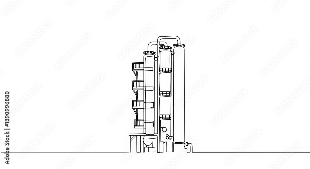 Refinery Column: Minimalist Single Line Drawing of Industrial Processing Unit Refinery Column: Minimalist Single Line Drawing of Industrial Processing Unit