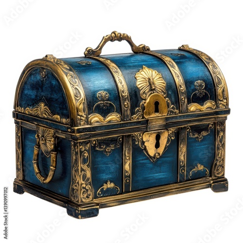 Vintage ornate treasure chest, antique blue wood jewelry box with gold filigree, decorative pirate trunk with brass hardware on white background
