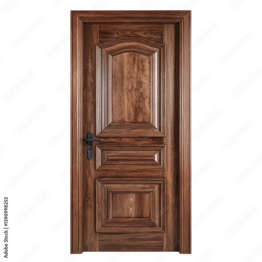 A detailed view of a wooden door with decorative panels isolated on white background A detailed view of a wooden door with decorative panels isolated on white background
