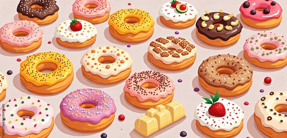 A vibrant collection of assorted donuts in various flavors and toppings, perfect for bakery promotions, dessert menus, or food-related projects. A vibrant collection of assorted donuts in various flavors and toppings, perfect for bakery promotions, dessert menus, or food-related projects.
