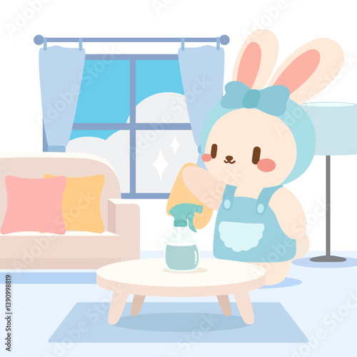 Adorable Cartoon Bunny Cleaning a Living Room. Cute Pastel Rabbit Housekeeping Scene. Kawaii Bunny Tidying Up with Spray Bottle.