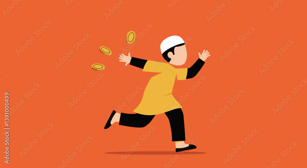 Animated Young Muslim Boy Running with Joyful Expression on Orange Background Animated Young Muslim Boy Running with Joyful Expression on Orange Background