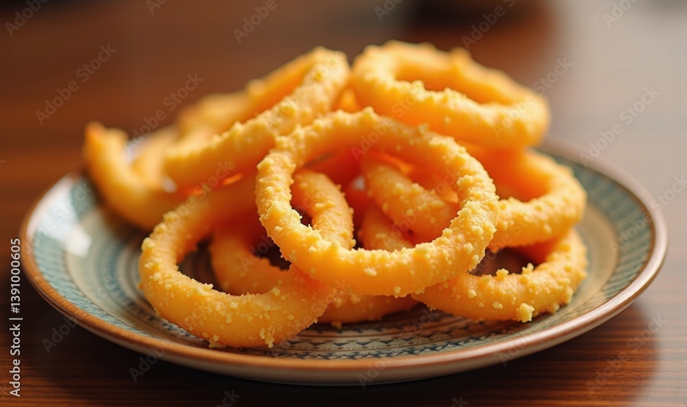 Crispy golden onion rings served on a decorative plate, perfect for food menus, restaurant promotions, or culinary blogs. Crispy golden onion rings served on a decorative plate, perfect for food menus, restaurant promotions, or culinary blogs.