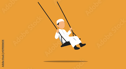 Digital Vector Illustration of a Young Muslim Boy on a Swing against Orange Background
