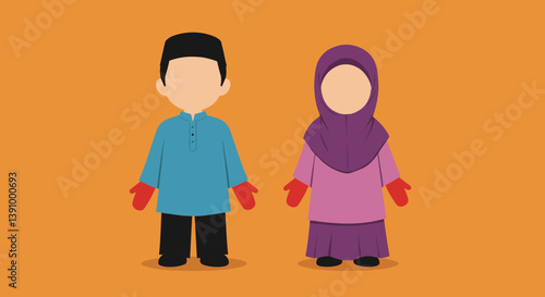 Flat Vector Illustration of a Muslim Couple in Formal Attire with Pixelated Design on Orange Background