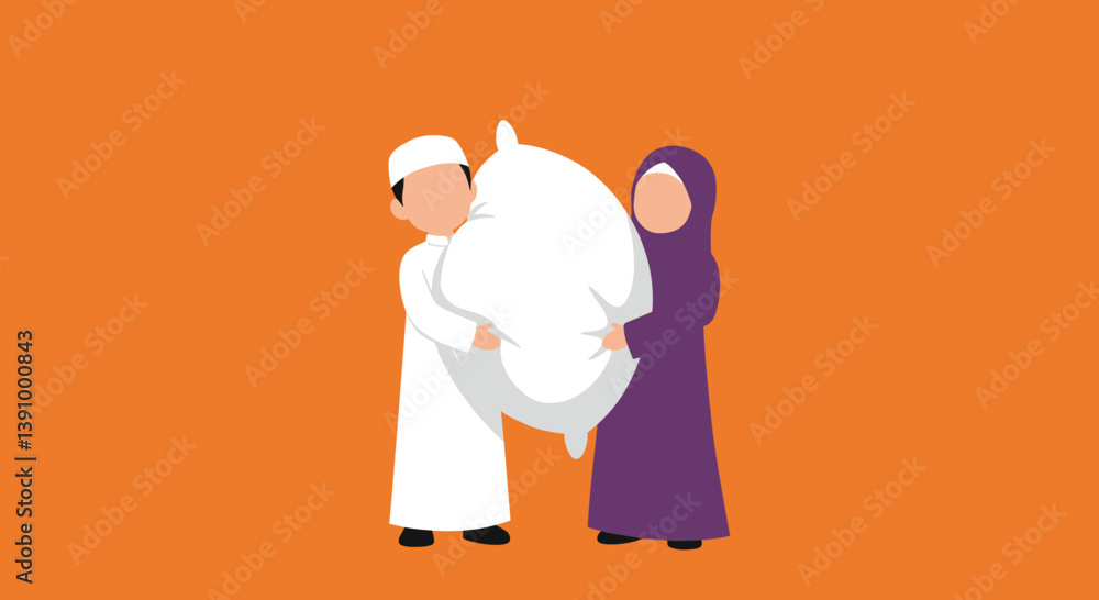 Obraz premium Moslem Couple in Traditional Attire Carrying a Large White Object Against an Orange Background