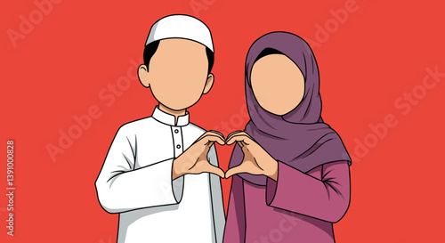 Moslem Couple Forming Heart Shape with Hands Against Red Background in Vector Illustration