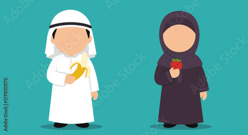 Moslem Couple With Traditional Attire Holding Fruit in Pixelated Style on Turquoise Background