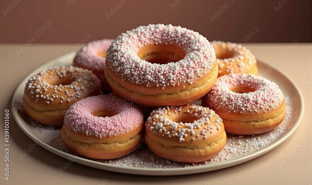 A delightful assortment of glazed donuts adorned with colorful sprinkles, perfect for showcasing indulgence and sweetness in culinary projects. A delightful assortment of glazed donuts adorned with colorful sprinkles, perfect for showcasing indulgence and sweetness in culinary projects.