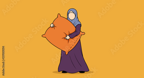 Moslem Woman Wearing Hijab Holding Orange Pillow Against Yellow Background Vector Illustration