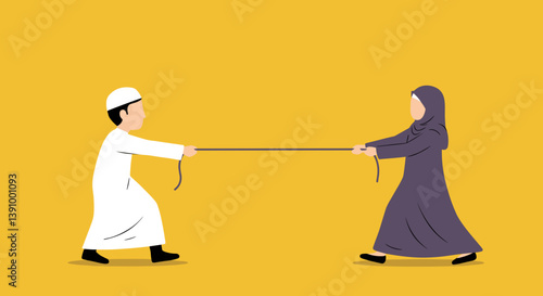 Muslim Couple Tug Of War Silhouette Pixelated Vector Illustration Against Yellow Background