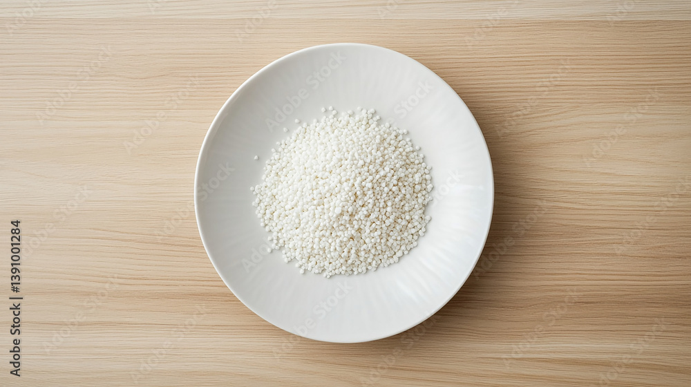 Flat white plate centered on light wood table top. Flat white plate centered on light wood table top.