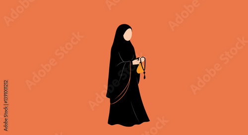 Muslim Woman Silhouette in Black Dress with Gold Accessory on Orange Background Vector Illustration