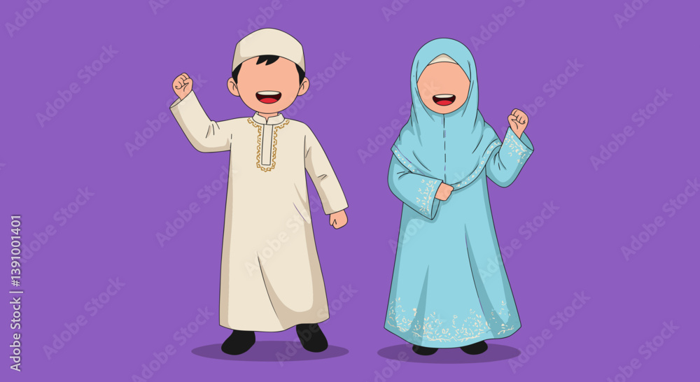 Pixel Art Illustration Of Muslim Couple In Traditional Clothes On Purple Background Expressing Happiness Pixel Art Illustration Of Muslim Couple In Traditional Clothes On Purple Background Expressing Happiness