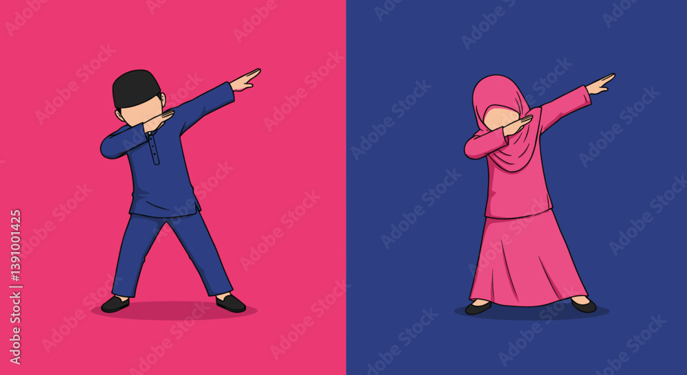 Pixel Art Illustration Of Two Moslem People Doing Dab Pose Against Pink And Blue Background Pixel Art Illustration Of Two Moslem People Doing Dab Pose Against Pink And Blue Background