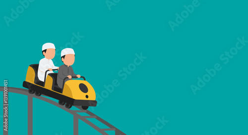 Pixel Art Illustration Of Two People Riding A Yellow Rollercoaster On Teal Background