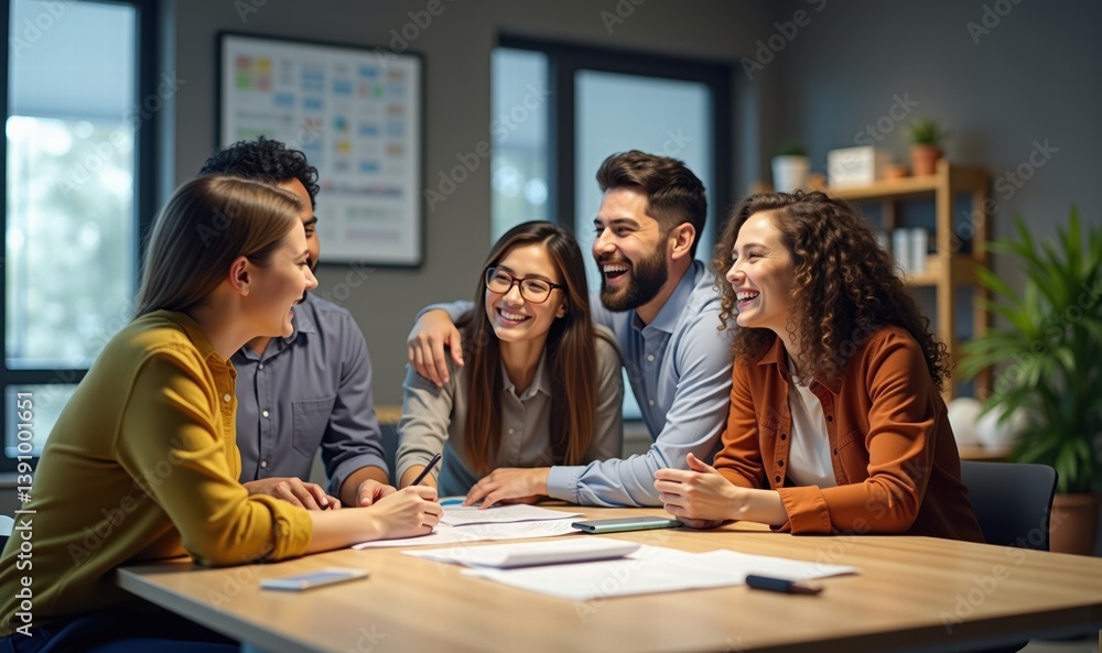 A diverse group of professionals collaborates enthusiastically around a table in a modern office, fostering teamwork and creativity. A diverse group of professionals collaborates enthusiastically around a table in a modern office, fostering teamwork and creativity.
