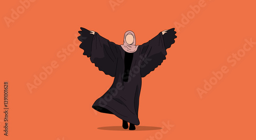 Pixelated Figure in Dark Robes with Arms Extended Against an Orange Background