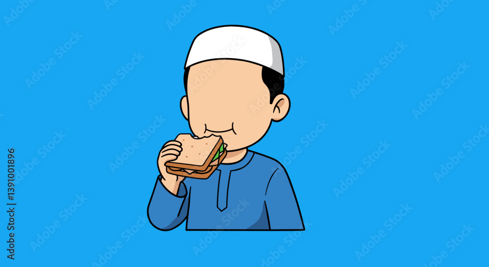 Pixelated Illustration Of A Young Moslem Boy Eating A Sandwich On Blue Background With White Cap And Blue Shirt Pixelated Illustration Of A Young Moslem Boy Eating A Sandwich On Blue Background With White Cap And Blue Shirt
