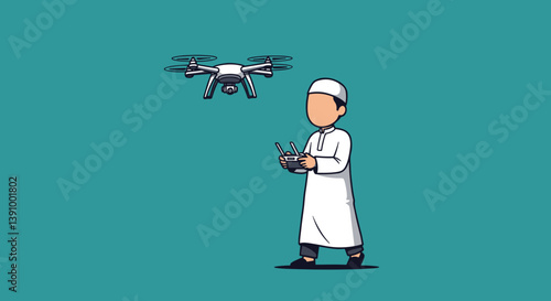 Pixelated Illustration Of A Muslim Man Operating A Drone Against Teal Background
