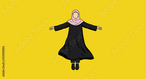 Pixelated Illustration Of A Woman With A Hijab Standing Isolated Against A Yellow Background Wearing Black Dress