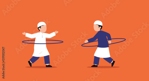 Pixelated Illustration Of Two Muslim Boys Playing With Hula Hoops Against An Orange Background