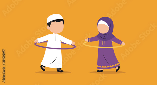 Pixelated Illustration Of Two Muslim Children Playing With Hula Hoops In White And Purple Costumes On Orange Backdrop