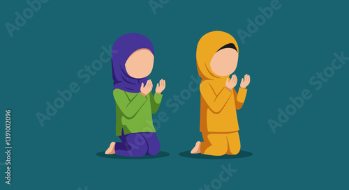 Pixelated Illustration Of Two Women In Prayer With Colorful Clothing And Teal Background