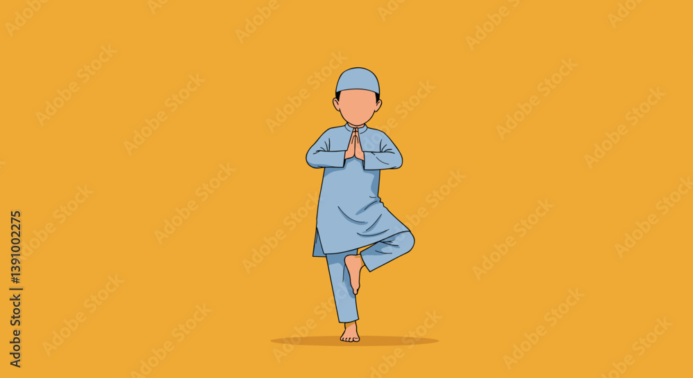 Pixelated Moslem Person in Blue Attire Performing Yoga Balance Pose on Orange Background Pixelated Moslem Person in Blue Attire Performing Yoga Balance Pose on Orange Background