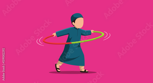 Pixelated Muslim Boy Playing With A Hula Hoop In Vector Style Against A Pink Background