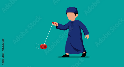 Pixelated Vector Illustration of a Muslim Boy Playing with a Red Yo Yo on a Teal Background