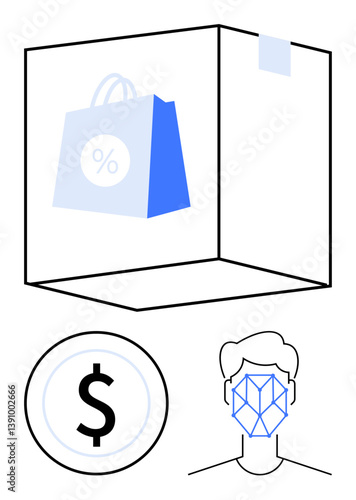 Shopping bag with discount icon inside a box, currency coin, facial recognition head outline. Ideal for e-commerce, digital security, payment, retail innovation, AI, discounts secure transactions