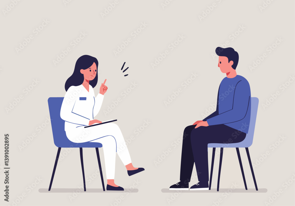 Fototapeta premium A doctor speaks with a patient in a consultation setting. The woman, wearing a white coat, points while the man listens attentively. Clean, modern style.