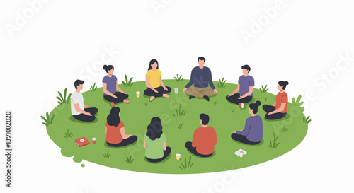 A diverse group sits in a circle on grass, meditating or connecting. Peaceful scene, ideal for wellness, community, or mindfulness concepts.