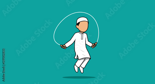 Pixelated Vector Illustration Of A Young Muslim Boy Skipping Rope On A Teal Background