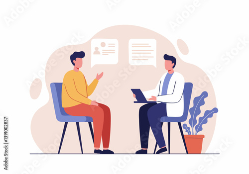 A doctor consults with a young man in a modern office setting. The scene conveys a professional and supportive atmosphere. Clean, bright, and approachable.